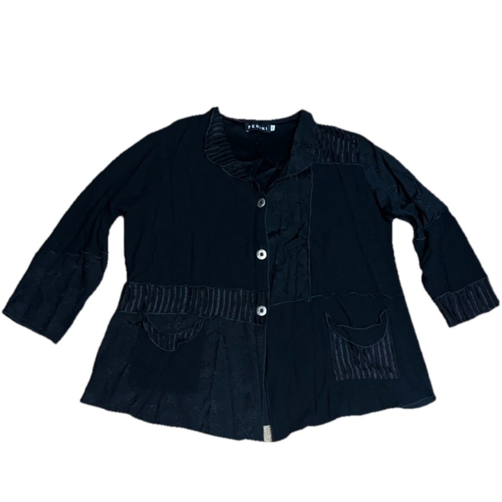 Fenini Patchwork Lagenlook Boho Long Sleeve Collared‎ Button Jacket Black 1X